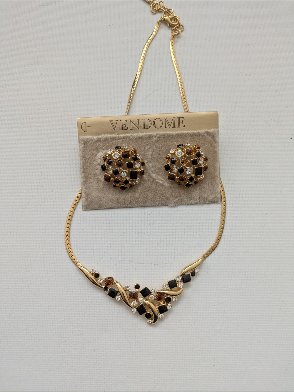 Vintage Vendome Gold Plated Black & Clear Crystal Necklace and Earring Set